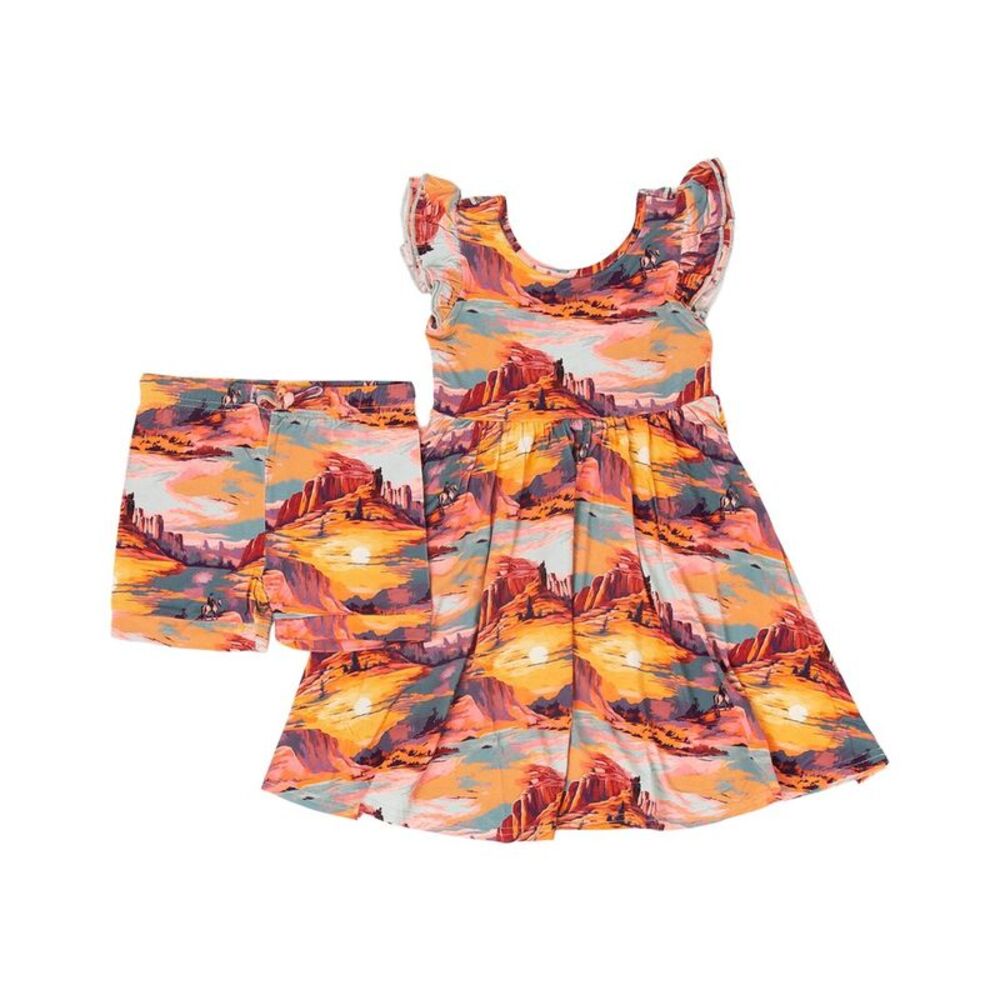 Bums & Roses Girls  Saddle Up Sunset Cap Sleeve Dress Set, Multicolor